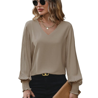 Women's Pleated Long Sleeve Blouse Autumn Tops Solid Colour V-Neck Casual Loose Shirt - Seldom Seen Styles