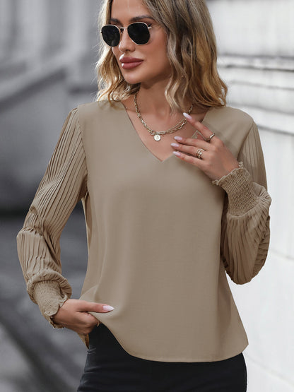Women's Pleated Long Sleeve Blouse Autumn Tops Solid Colour V-Neck Casual Loose Shirt - Seldom Seen Styles