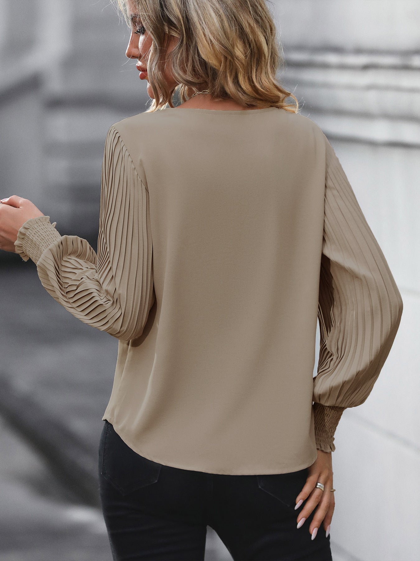 Women's Pleated Long Sleeve Blouse Autumn Tops Solid Colour V-Neck Casual Loose Shirt - Seldom Seen Styles