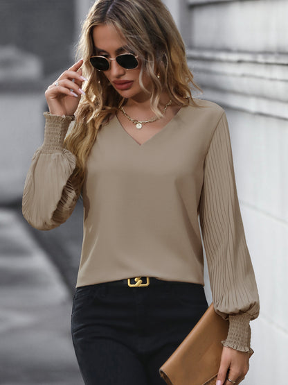 Women's Pleated Long Sleeve Blouse Autumn Tops Solid Colour V-Neck Casual Loose Shirt - Seldom Seen Styles
