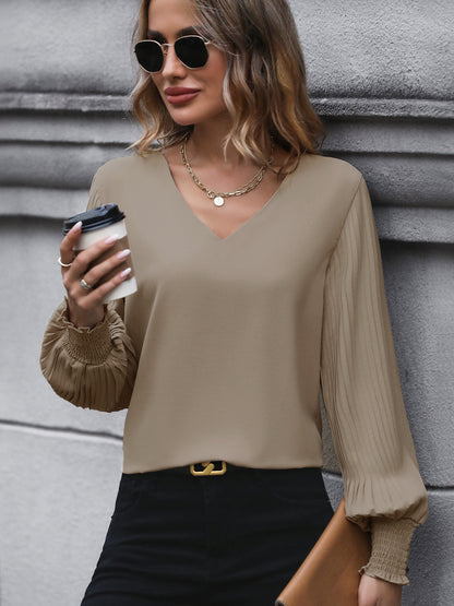 Women's Pleated Long Sleeve Blouse Autumn Tops Solid Colour V-Neck Casual Loose Shirt - Seldom Seen Styles