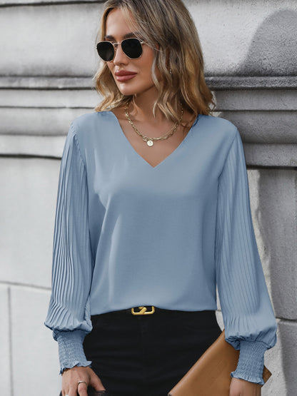 Women's Pleated Long Sleeve Blouse Autumn Tops Solid Colour V-Neck Casual Loose Shirt - Seldom Seen Styles