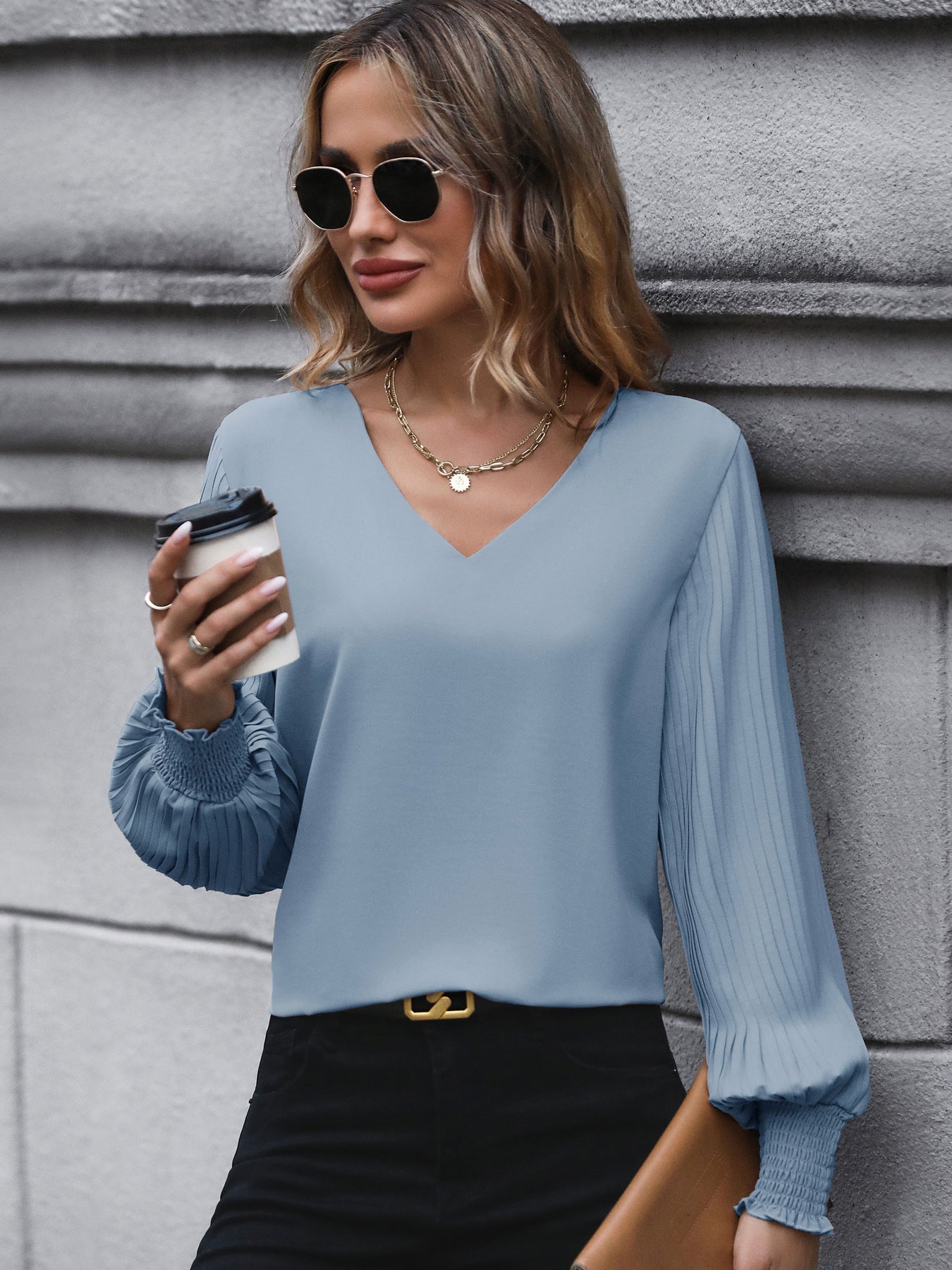 Women's Pleated Long Sleeve Blouse Autumn Tops Solid Colour V-Neck Casual Loose Shirt - Seldom Seen Styles