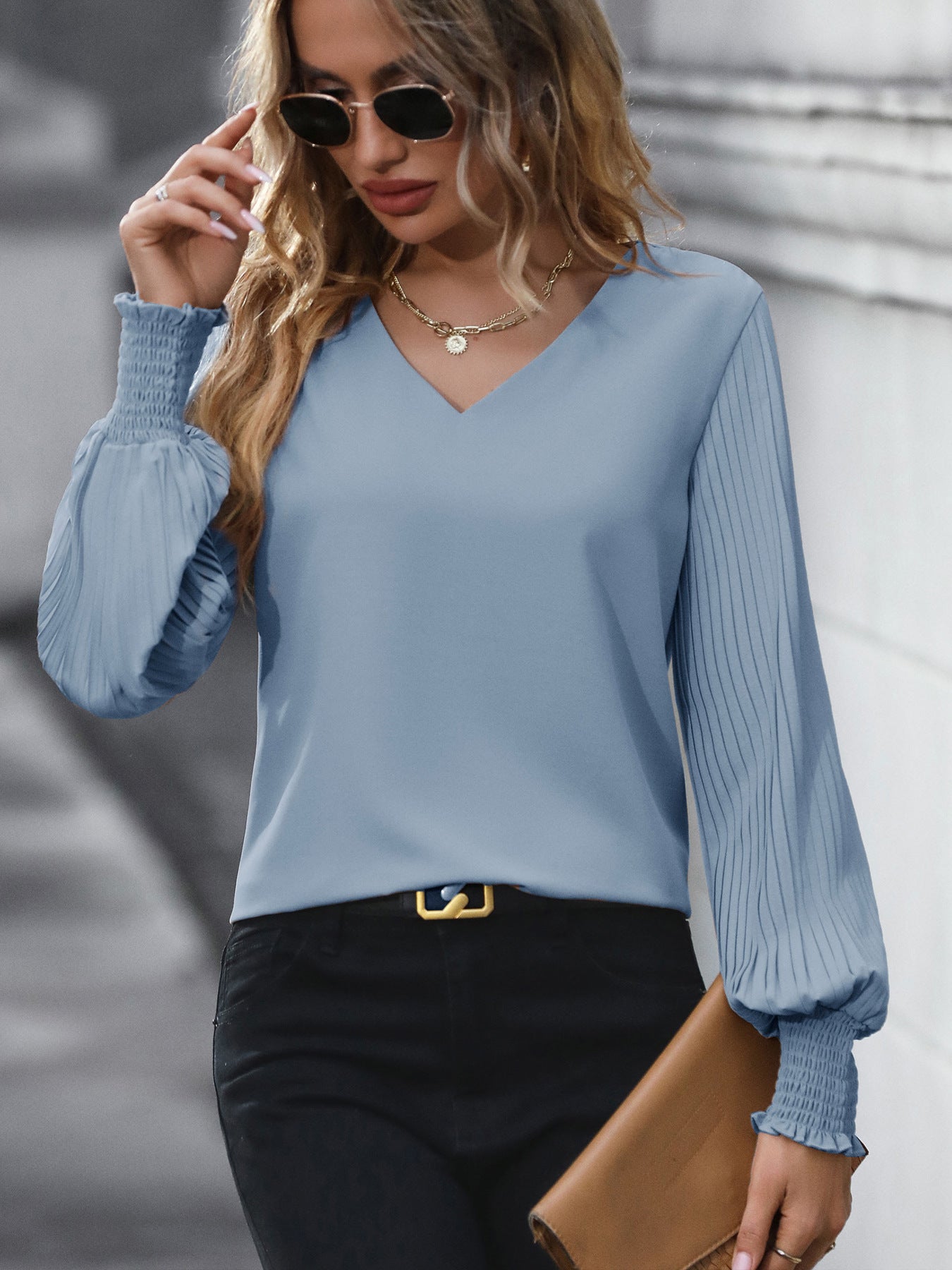Women's Pleated Long Sleeve Blouse Autumn Tops Solid Colour V-Neck Casual Loose Shirt - Seldom Seen Styles