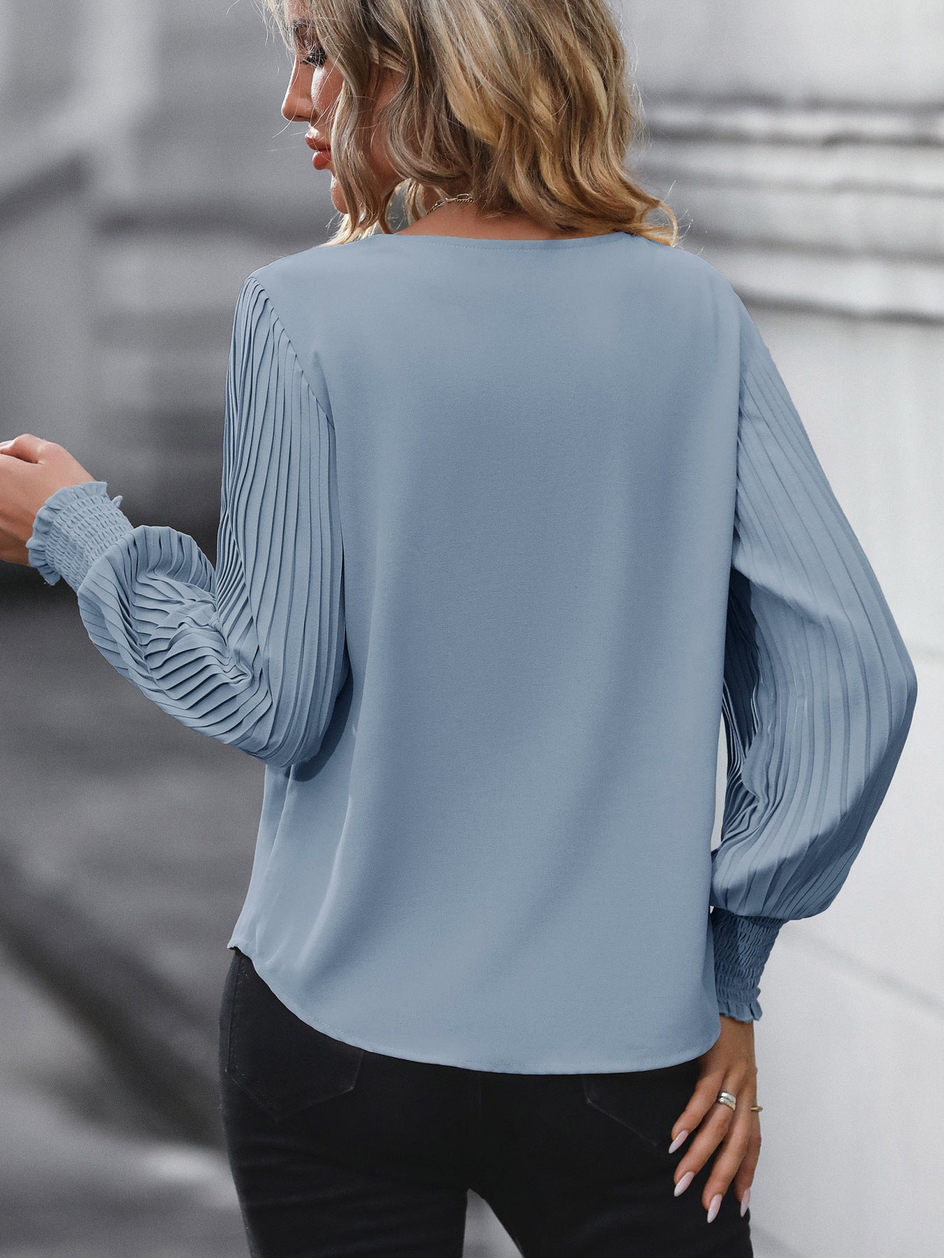 Women's Pleated Long Sleeve Blouse Autumn Tops Solid Colour V-Neck Casual Loose Shirt - Seldom Seen Styles