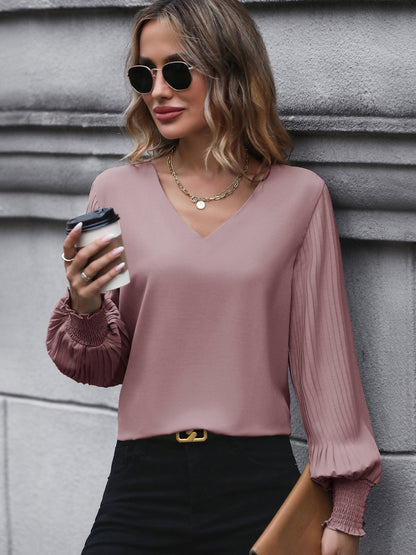 Women's Pleated Long Sleeve Blouse Autumn Tops Solid Colour V-Neck Casual Loose Shirt - Seldom Seen Styles
