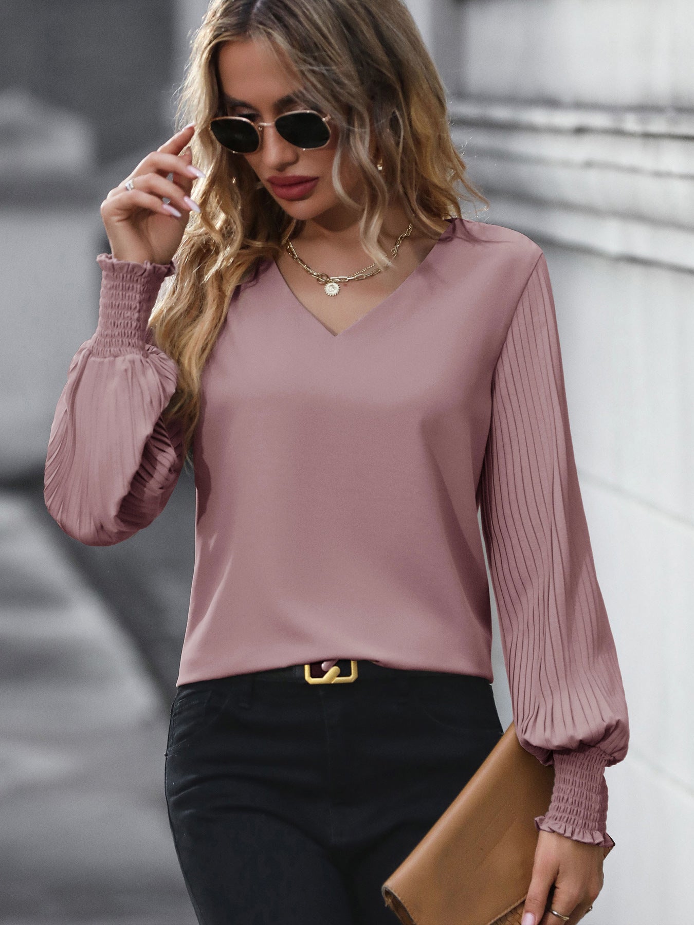 Women's Pleated Long Sleeve Blouse Autumn Tops Solid Colour V-Neck Casual Loose Shirt - Seldom Seen Styles