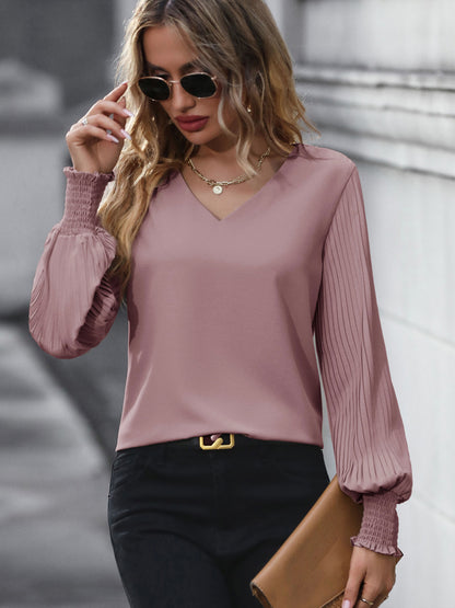 Women's Pleated Long Sleeve Blouse Autumn Tops Solid Colour V-Neck Casual Loose Shirt - Seldom Seen Styles