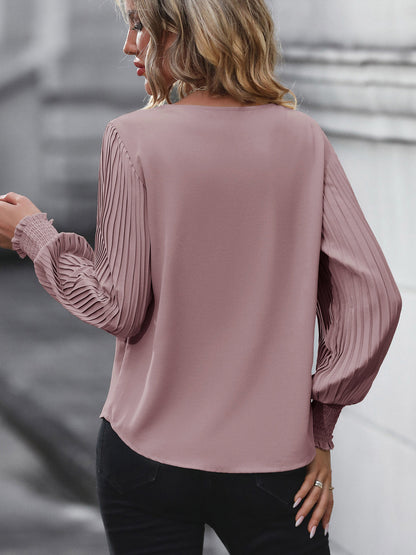 Women's Pleated Long Sleeve Blouse Autumn Tops Solid Colour V-Neck Casual Loose Shirt - Seldom Seen Styles