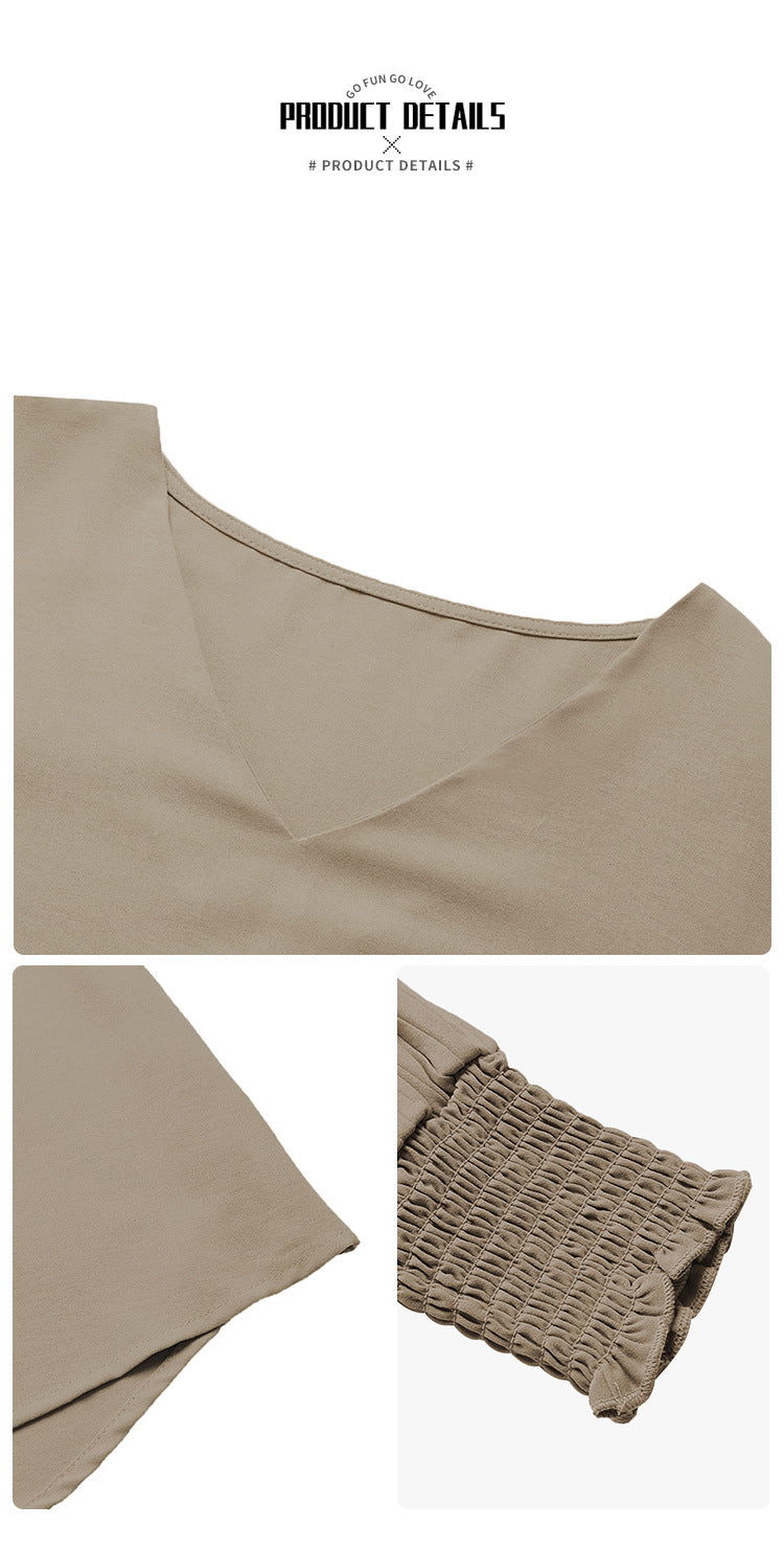 Women's Pleated Long Sleeve Blouse Autumn Tops Solid Colour V-Neck Casual Loose Shirt - Seldom Seen Styles