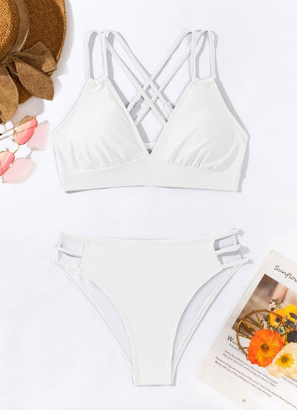 Women's Push Up V Neck Bikini Sets Criss Cross Back Two Piece Bathing Suit - Seldom Seen Styles