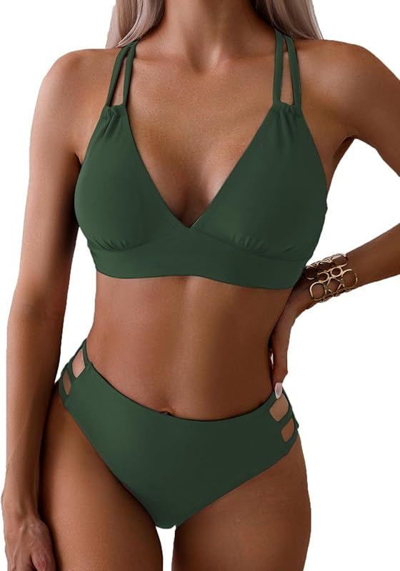 Women's Push Up V Neck Bikini Sets Criss Cross Back Two Piece Bathing Suit - Seldom Seen Styles