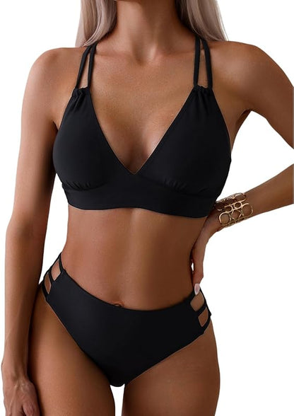 Women's Push Up V Neck Bikini Sets Criss Cross Back Two Piece Bathing Suit - Seldom Seen Styles