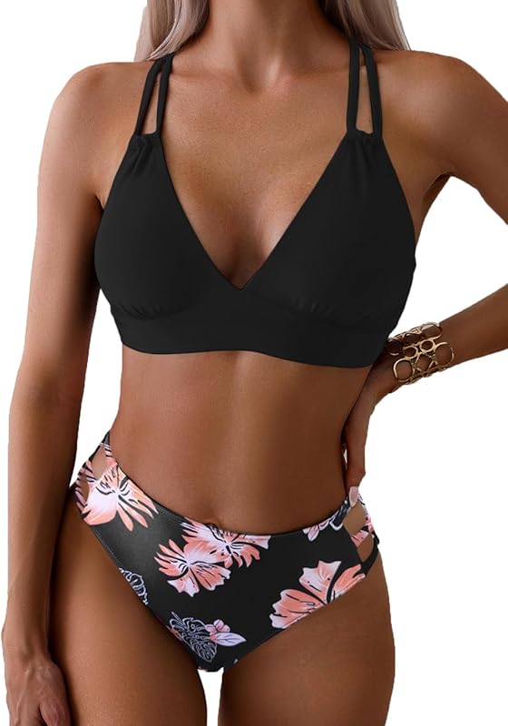 Women's Push Up V Neck Bikini Sets Criss Cross Back Two Piece Bathing Suit - Seldom Seen Styles