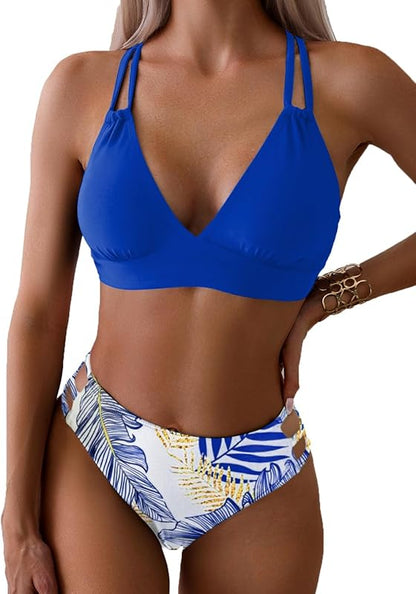 Women's Push Up V Neck Bikini Sets Criss Cross Back Two Piece Bathing Suit - Seldom Seen Styles