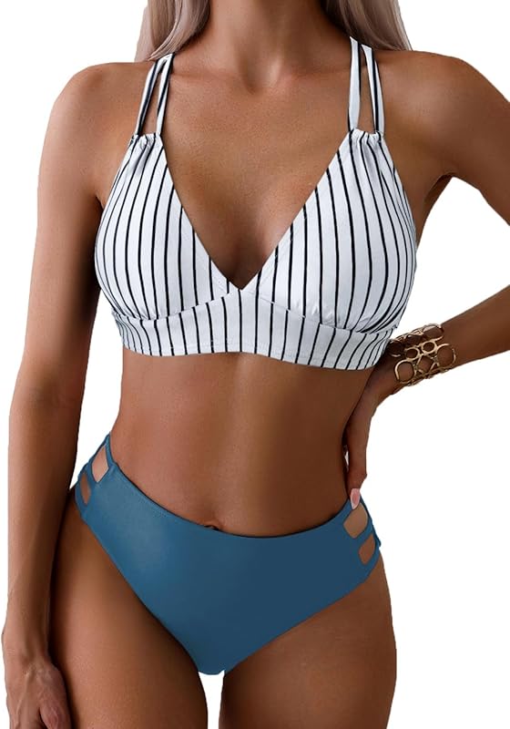 Women's Push Up V Neck Bikini Sets Criss Cross Back Two Piece Bathing Suit - Seldom Seen Styles