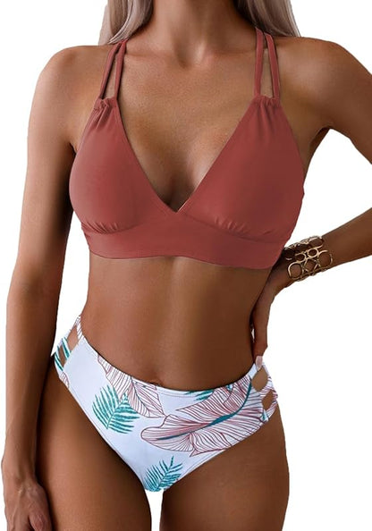 Women's Push Up V Neck Bikini Sets Criss Cross Back Two Piece Bathing Suit - Seldom Seen Styles