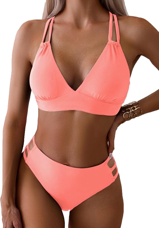 Women's Push Up V Neck Bikini Sets Criss Cross Back Two Piece Bathing Suit - Seldom Seen Styles