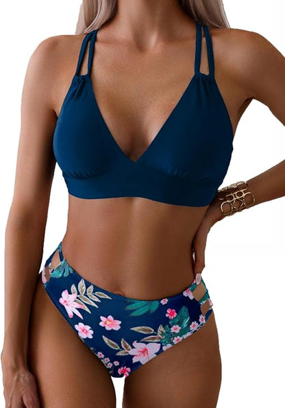 Women's Push Up V Neck Bikini Sets Criss Cross Back Two Piece Bathing Suit - Seldom Seen Styles