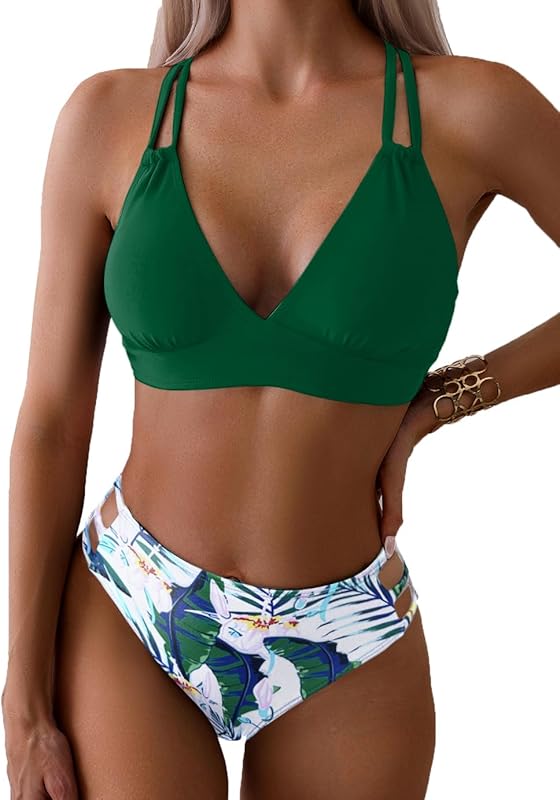Women's Push Up V Neck Bikini Sets Criss Cross Back Two Piece Bathing Suit - Seldom Seen Styles