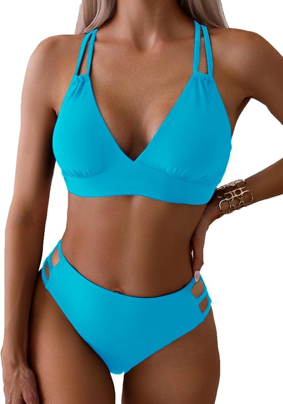 Women's Push Up V Neck Bikini Sets Criss Cross Back Two Piece Bathing Suit - Seldom Seen Styles