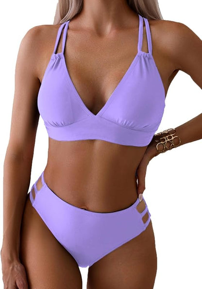 Women's Push Up V Neck Bikini Sets Criss Cross Back Two Piece Bathing Suit - Seldom Seen Styles