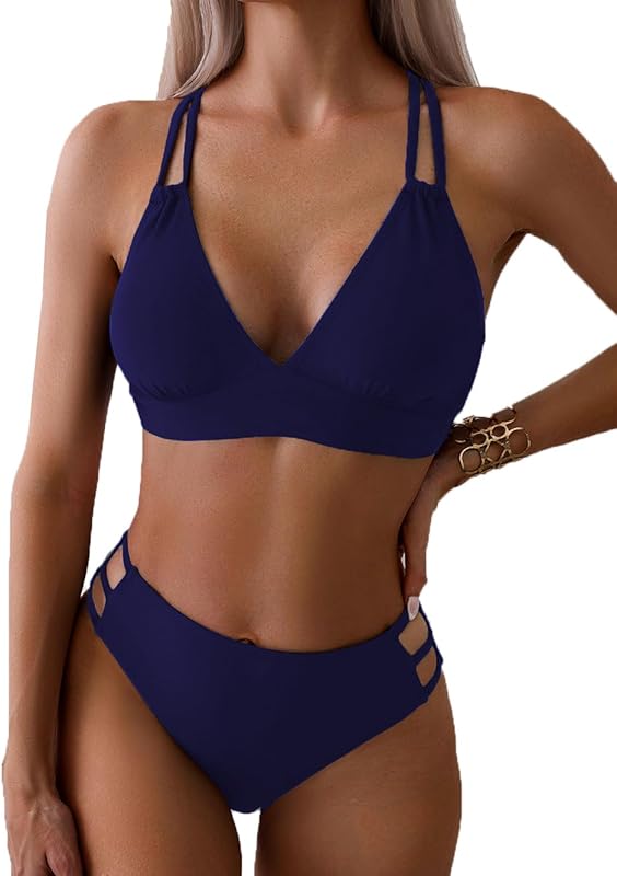 Women's Push Up V Neck Bikini Sets Criss Cross Back Two Piece Bathing Suit - Seldom Seen Styles