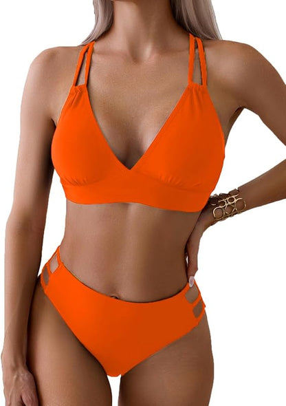 Women's Push Up V Neck Bikini Sets Criss Cross Back Two Piece Bathing Suit - Seldom Seen Styles