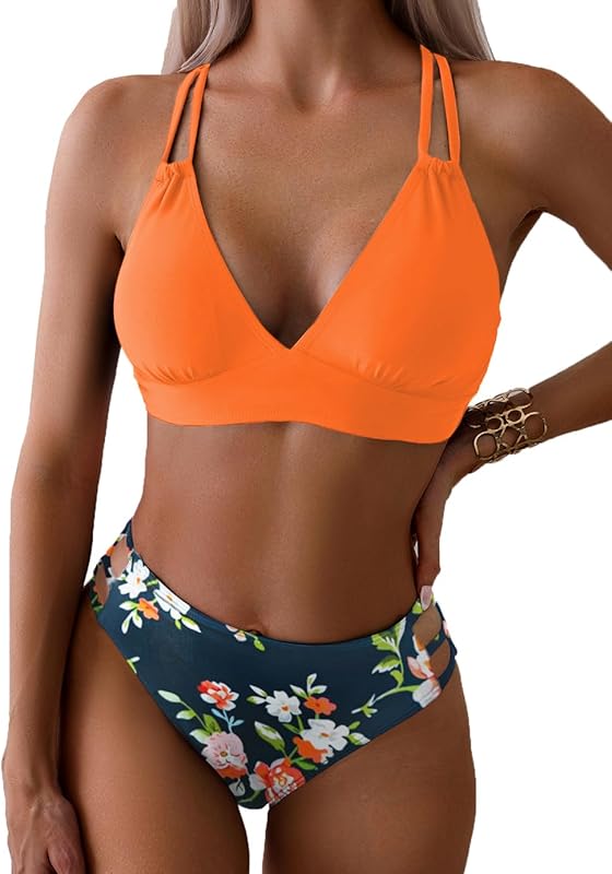Women's Push Up V Neck Bikini Sets Criss Cross Back Two Piece Bathing Suit - Seldom Seen Styles