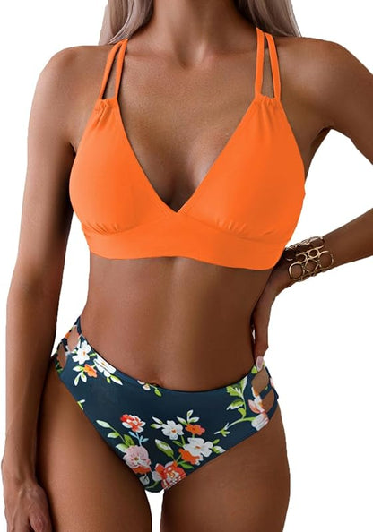 Women's Push Up V Neck Bikini Sets Criss Cross Back Two Piece Bathing Suit - Seldom Seen Styles