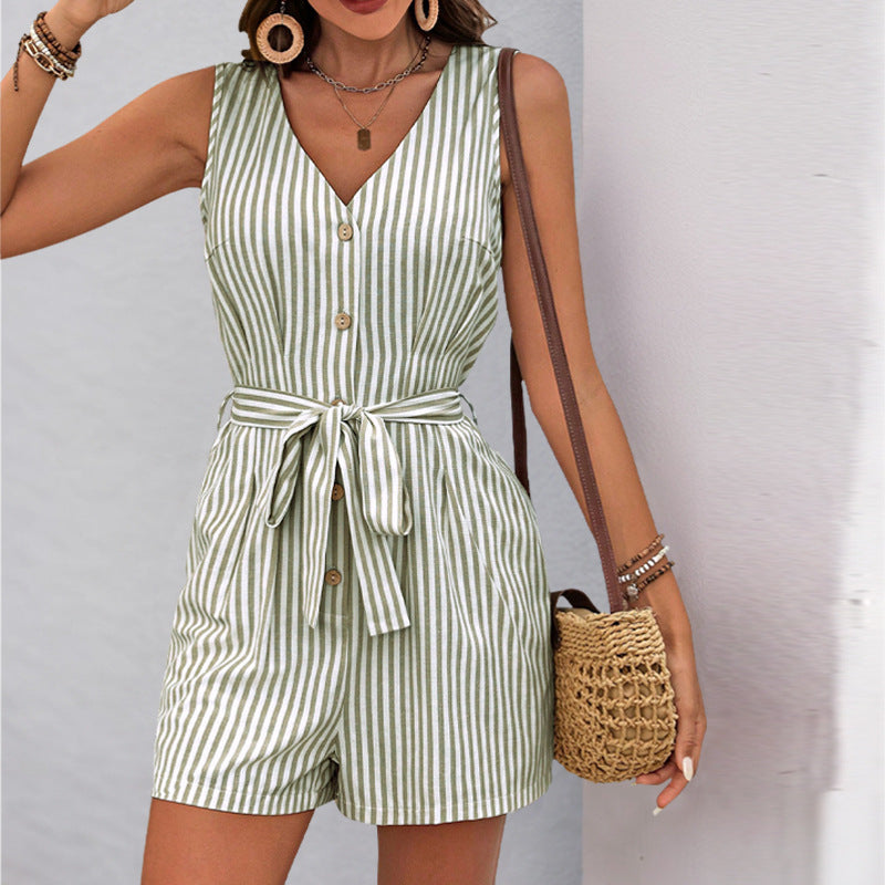 Women's Romper Woven V Neck Sleeveless Waist Tie Wide Leg Stripes Belted Jumpsuit Outfit Casual Dressy - Seldom Seen Styles