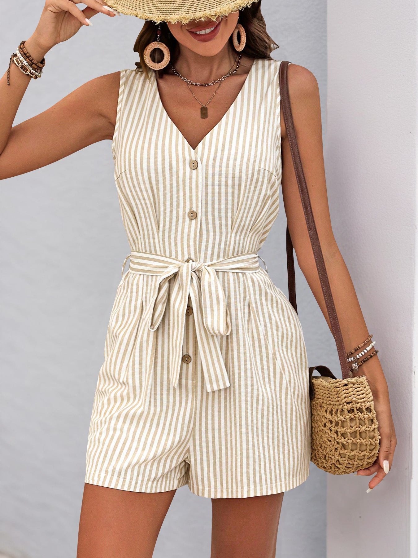 Women's Romper Woven V Neck Sleeveless Waist Tie Wide Leg Stripes Belted Jumpsuit Outfit Casual Dressy - Seldom Seen Styles