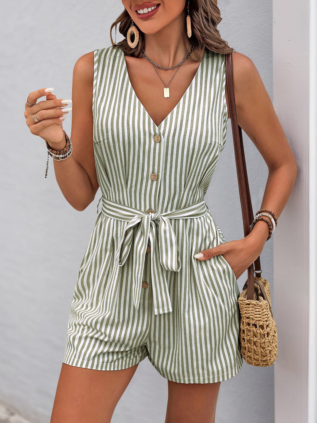 Women's Romper Woven V Neck Sleeveless Waist Tie Wide Leg Stripes Belted Jumpsuit Outfit Casual Dressy - Seldom Seen Styles