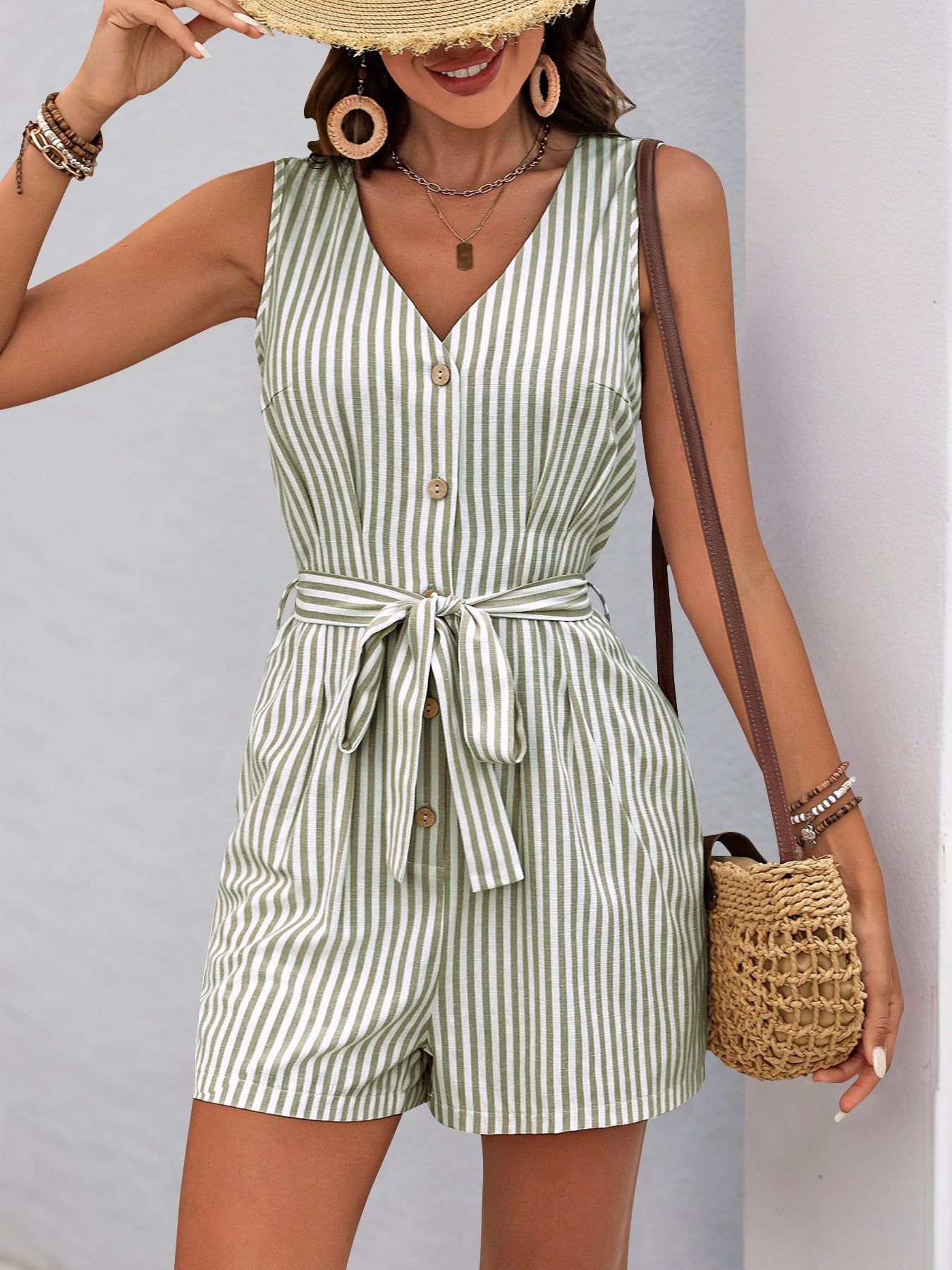 Women's Romper Woven V Neck Sleeveless Waist Tie Wide Leg Stripes Belted Jumpsuit Outfit Casual Dressy - Seldom Seen Styles