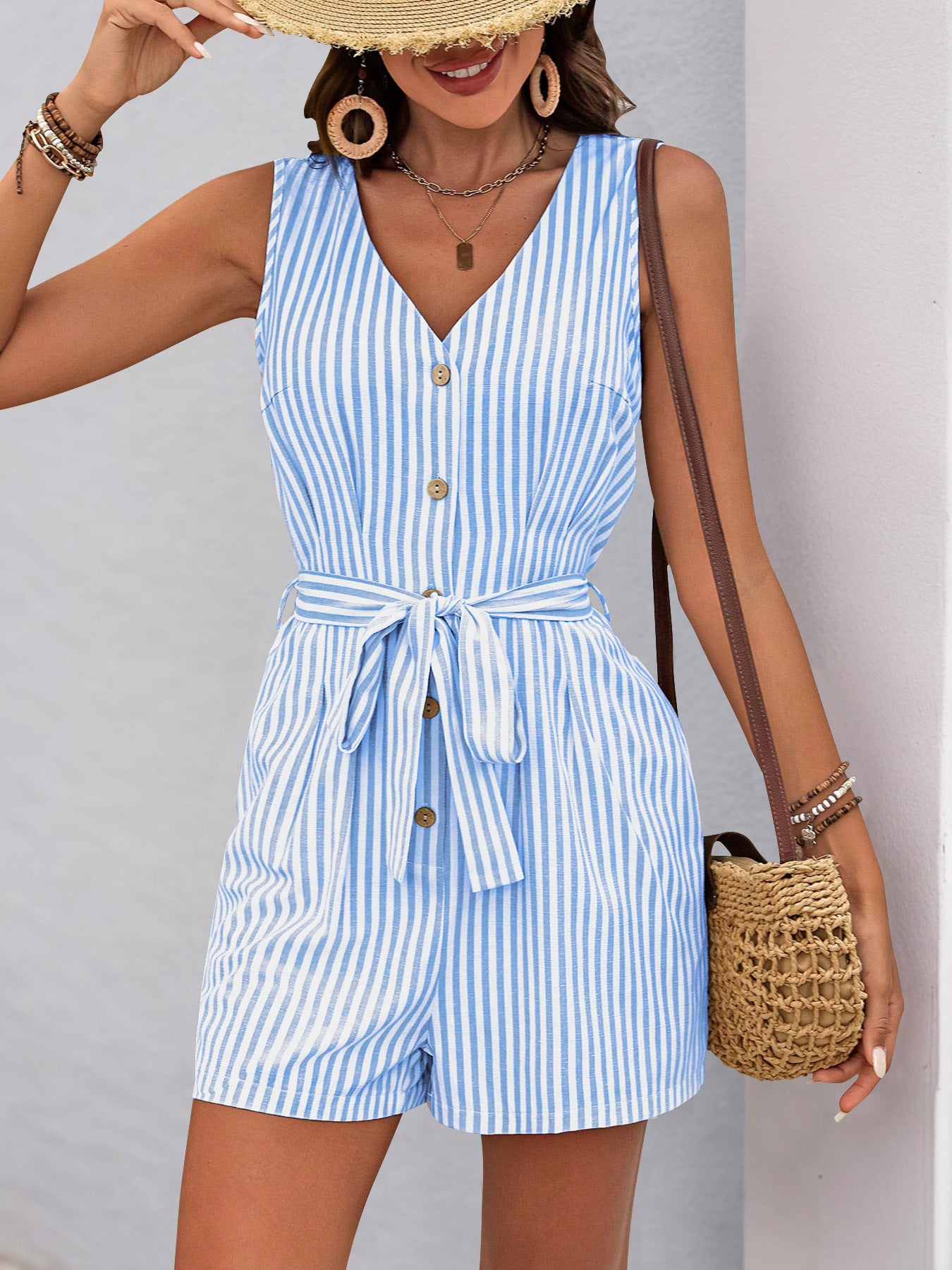 Women's Romper Woven V Neck Sleeveless Waist Tie Wide Leg Stripes Belted Jumpsuit Outfit Casual Dressy - Seldom Seen Styles