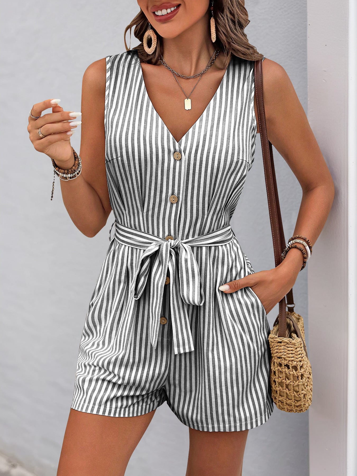 Women's Romper Woven V Neck Sleeveless Waist Tie Wide Leg Stripes Belted Jumpsuit Outfit Casual Dressy - Seldom Seen Styles