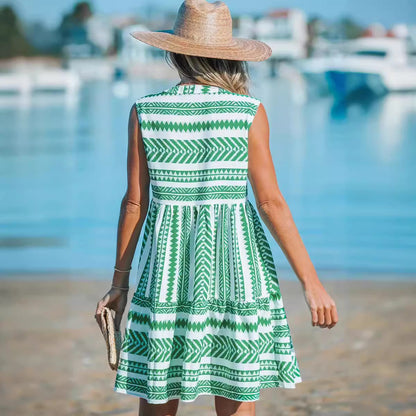 Women's Ruffle Beach Mini Dress Split V Neck A Line Sleeveless Geometric Stripe Tropical Leaf Pattern Summer Dresses - Seldom Seen Styles