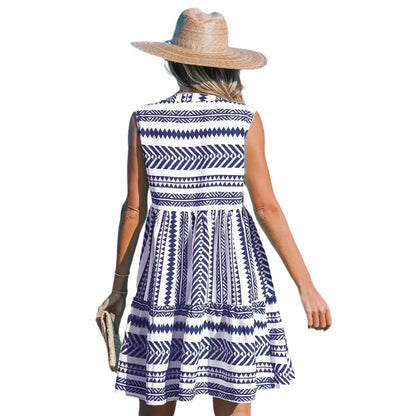 Women's Ruffle Beach Mini Dress Split V Neck A Line Sleeveless Geometric Stripe Tropical Leaf Pattern Summer Dresses - Seldom Seen Styles