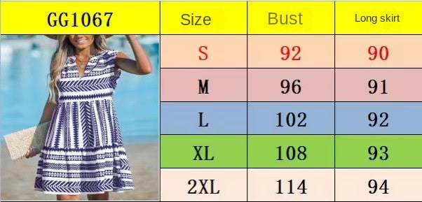 Women's Ruffle Beach Mini Dress Split V Neck A Line Sleeveless Geometric Stripe Tropical Leaf Pattern Summer Dresses - Seldom Seen Styles