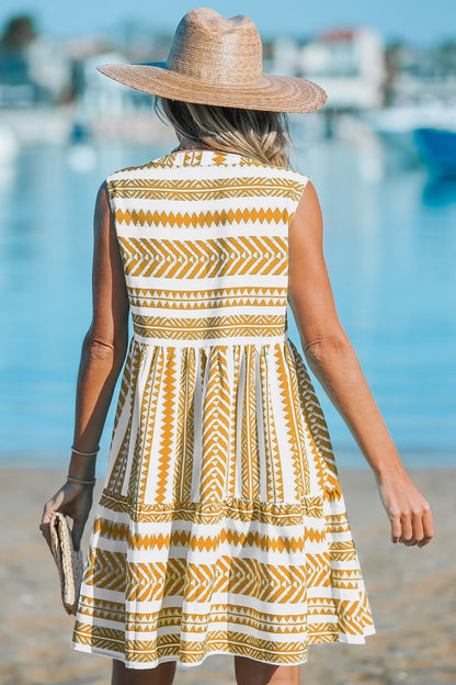 Women's Ruffle Beach Mini Dress Split V Neck A Line Sleeveless Geometric Stripe Tropical Leaf Pattern Summer Dresses - Seldom Seen Styles