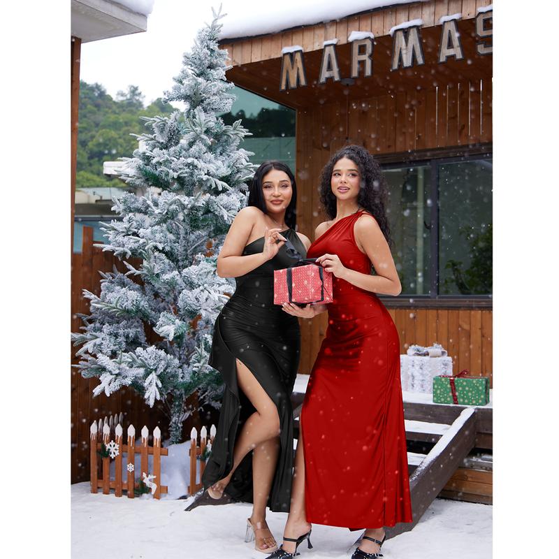 Women's Sexy One Shoulder Satin High Split Cocktail Fit Wedding Party Maxi Formal Dress - Seldom Seen Styles