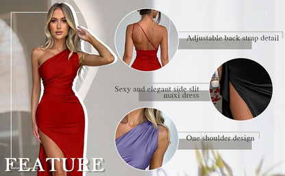 Women's Sexy One Shoulder Satin High Split Cocktail Fit Wedding Party Maxi Formal Dress - Seldom Seen Styles