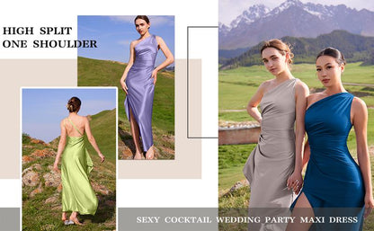 Women's Sexy One Shoulder Satin High Split Cocktail Fit Wedding Party Maxi Formal Dress - Seldom Seen Styles
