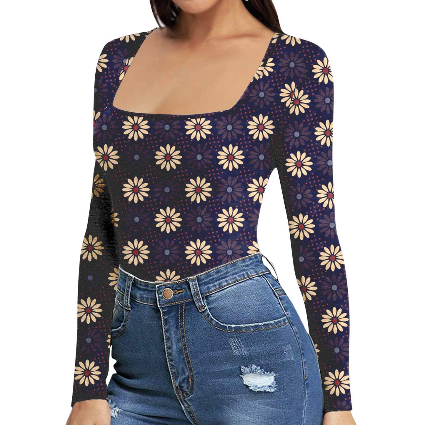 Women's Sexy Square Neck Bodysuit Long Sleeve Double Lined Shirt Tops - Seldom Seen Styles