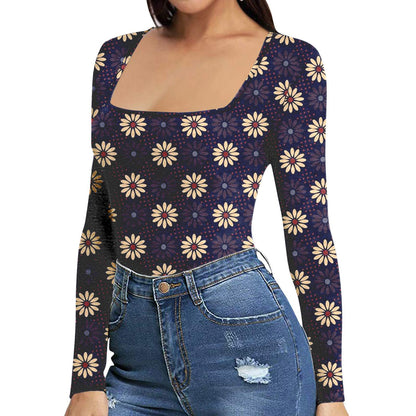 Women's Sexy Square Neck Bodysuit Long Sleeve Double Lined Shirt Tops - Seldom Seen Styles