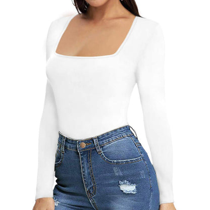 Women's Sexy Square Neck Bodysuit Long Sleeve Double Lined Shirt Tops - Seldom Seen Styles