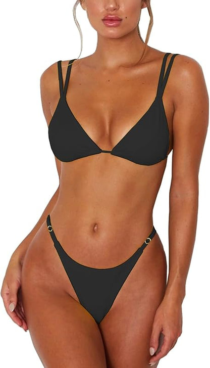 Women's Sexy Thong Bottom Two Piece Bikini Double Shoulder Straps Cute Swimsuit Triangle Bathing - Seldom Seen Styles