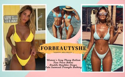 Women's Sexy Thong Bottom Two Piece Bikini Double Shoulder Straps Cute Swimsuit Triangle Bathing - Seldom Seen Styles
