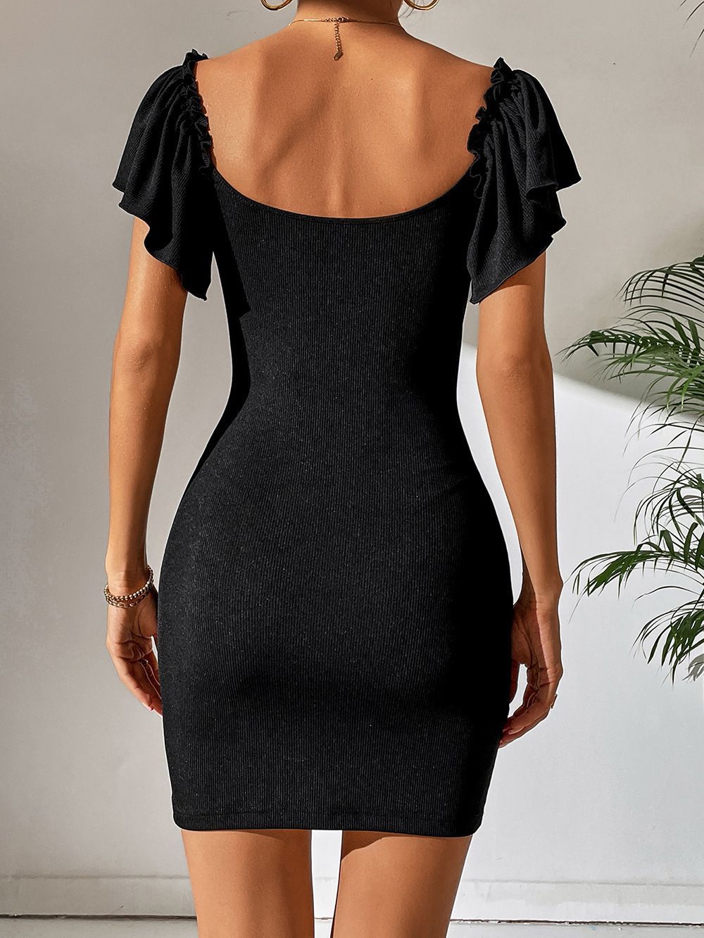 Women's Sexy V Neck Ruffle Sleeve Faux Wrap Ruched Bodycon Mini Party Cocktail Dress - Seldom Seen Styles