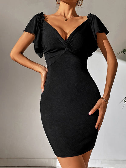 Women's Sexy V Neck Ruffle Sleeve Faux Wrap Ruched Bodycon Mini Party Cocktail Dress - Seldom Seen Styles